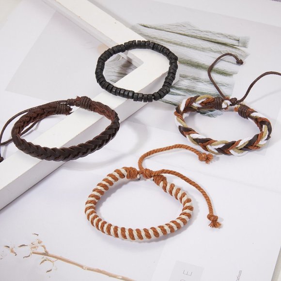 Mens Geniune Leather Rope Braided Weaved Bracelets Set 4 Adjustable Party Gift - Picture 2 of 4